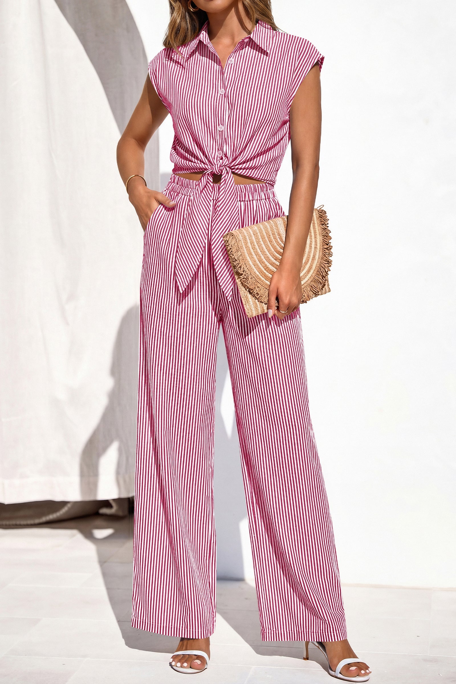 PRETTYGARDEN 2 Piece Sets For Women Summer Striped Button Down Tie Front Crop Tops Wide Leg Pants Floral Lounge Set 2026 PRETTYGARDEN