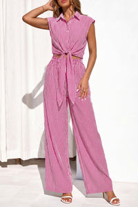 PRETTYGARDEN 2 Piece Sets For Women Summer Striped Button Down Tie Front Crop Tops Wide Leg Pants Floral Lounge Set 2026 PRETTYGARDEN