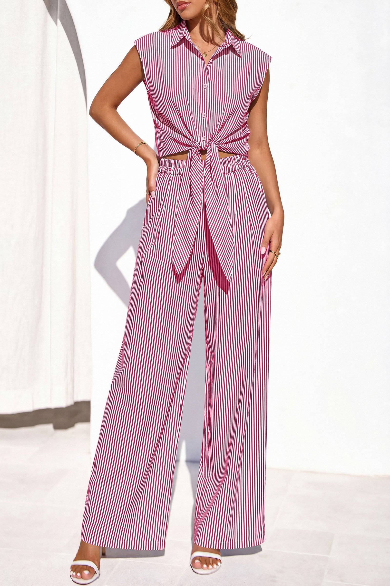 PRETTYGARDEN 2 Piece Sets For Women Summer Striped Button Down Tie Front Crop Tops Wide Leg Pants Floral Lounge Set 2026 PRETTYGARDEN