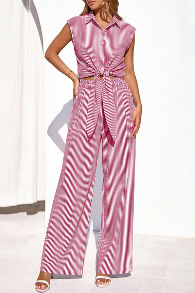 PRETTYGARDEN 2 Piece Sets For Women Summer Striped Button Down Tie Front Crop Tops Wide Leg Pants Floral Lounge Set 2026 PRETTYGARDEN