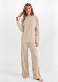 PRETTYGARDEN Womens Striped Lounge Set Fall Winter 2 Piece Sets | Side Slit Long Sleeve T-Shirts & Wide Leg Pants, Matching Pajama Sets, Comfy Pj Set, Loungewear with Pockets, Fashion Clothes