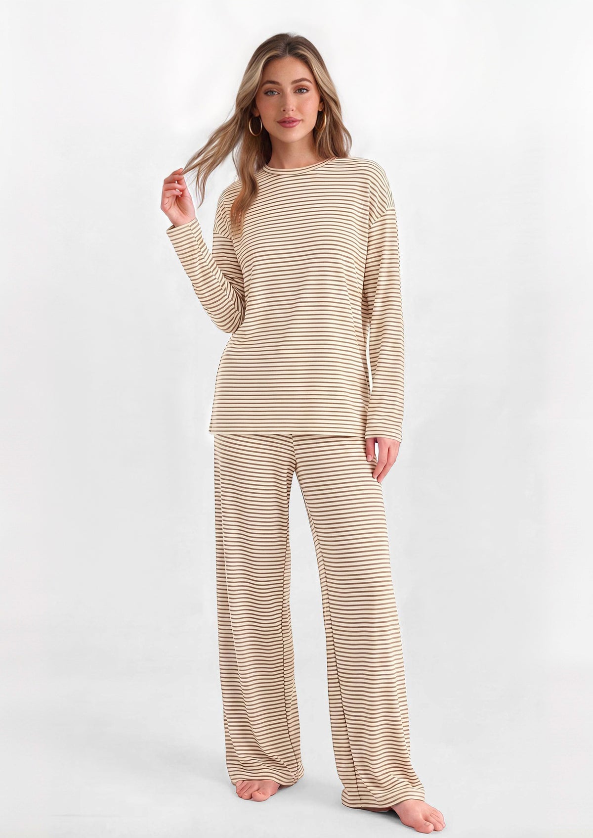 PRETTYGARDEN Womens Striped Lounge Set Fall Winter 2 Piece Sets | Side Slit Long Sleeve T-Shirts & Wide Leg Pants, Matching Pajama Sets, Comfy Pj Set, Loungewear with Pockets, Fashion Clothes