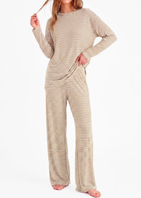 PRETTYGARDEN Womens Striped Lounge Set Fall Winter 2 Piece Sets | Side Slit Long Sleeve T-Shirts & Wide Leg Pants, Matching Pajama Sets, Comfy Pj Set, Loungewear with Pockets, Fashion Clothes