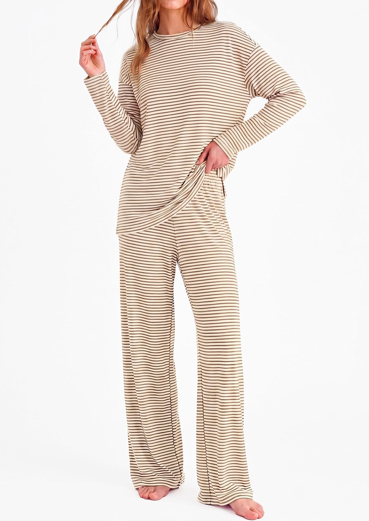 PRETTYGARDEN Womens Striped Lounge Set Fall Winter 2 Piece Sets | Side Slit Long Sleeve T-Shirts & Wide Leg Pants, Matching Pajama Sets, Comfy Pj Set, Loungewear with Pockets, Fashion Clothes