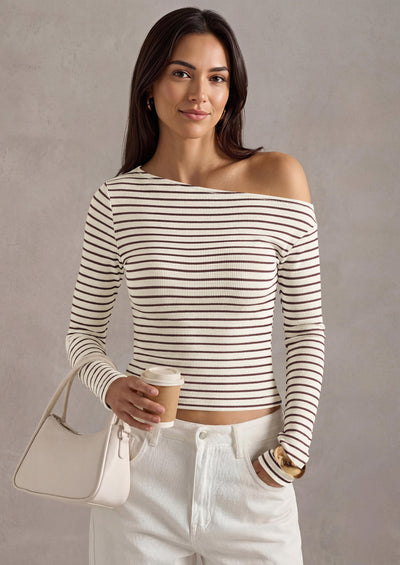 PRETTYGARDEN Womens Tops Fall Off The Shoulder Long Sleeve Shirts Striped Fitted Y2K T-Shirt Going Out Crop Top