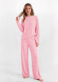 PRETTYGARDEN Womens Striped Lounge Set Fall Winter 2 Piece Sets | Side Slit Long Sleeve T-Shirts & Wide Leg Pants, Matching Pajama Sets, Comfy Pj Set, Loungewear with Pockets, Fashion Clothes