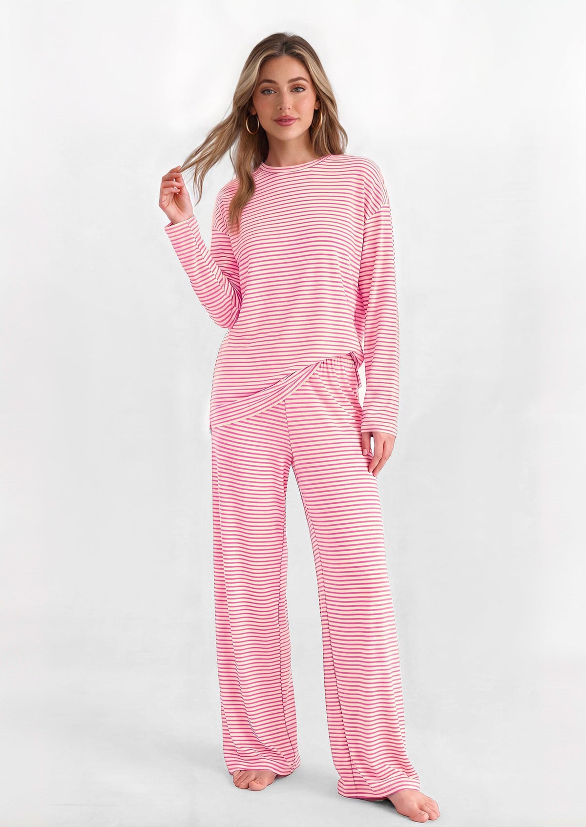 PRETTYGARDEN Womens Striped Lounge Set Fall Winter 2 Piece Sets | Side Slit Long Sleeve T-Shirts & Wide Leg Pants, Matching Pajama Sets, Comfy Pj Set, Loungewear with Pockets, Fashion Clothes