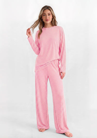 PRETTYGARDEN Womens Striped Lounge Set Fall Winter 2 Piece Sets | Side Slit Long Sleeve T-Shirts & Wide Leg Pants, Matching Pajama Sets, Comfy Pj Set, Loungewear with Pockets, Fashion Clothes