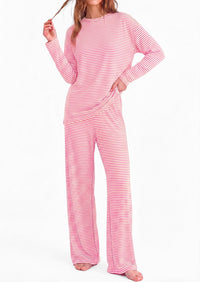 PRETTYGARDEN Womens Striped Lounge Set Fall Winter 2 Piece Sets | Side Slit Long Sleeve T-Shirts & Wide Leg Pants, Matching Pajama Sets, Comfy Pj Set, Loungewear with Pockets, Fashion Clothes
