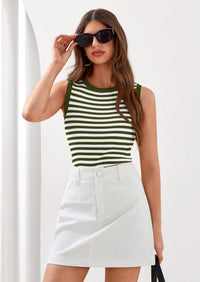 PRETTYGARDEN Summer High Neck Striped Tank Tops for Women Casual Sleeveless Sweaters Basic Ribbed Knit Slim Fitted Shirts PRETTYGARDEN