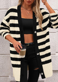 PRETTYGARDEN Women's Winter Striped Cardigan Sweaters Long Sleeve Button Down Open Front Chunky Knit Oversized Sweater Coat