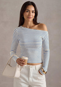 PRETTYGARDEN Womens Tops Fall Off The Shoulder Long Sleeve Shirts Striped Fitted Y2K T-Shirt Going Out Crop Top