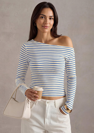 PRETTYGARDEN Womens Tops Fall Off The Shoulder Long Sleeve Shirts Striped Fitted Y2K T-Shirt Going Out Crop Top
