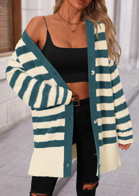 PRETTYGARDEN Women's Winter Striped Cardigan Sweaters Long Sleeve Button Down Open Front Chunky Knit Oversized Sweater Coat