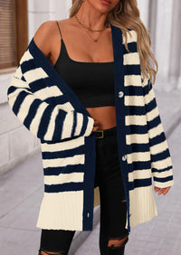 PRETTYGARDEN Women's Winter Striped Cardigan Sweaters Long Sleeve Button Down Open Front Chunky Knit Oversized Sweater Coat