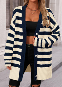 PRETTYGARDEN Women's Winter Striped Cardigan Sweaters Long Sleeve Button Down Open Front Chunky Knit Oversized Sweater Coat