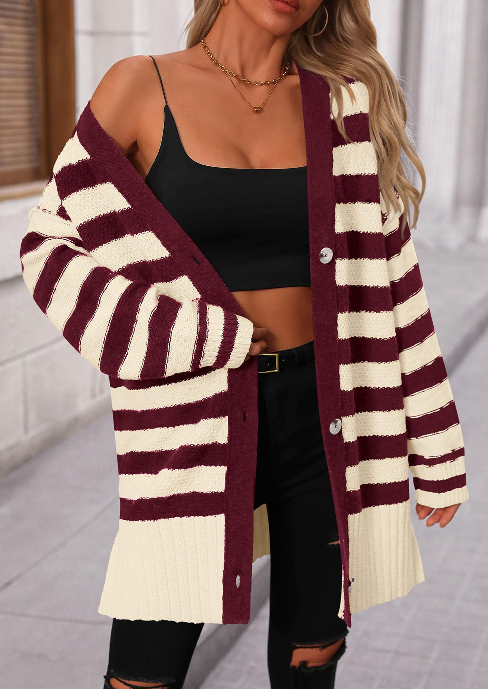 PRETTYGARDEN Women's Winter Striped Cardigan Sweaters Long Sleeve Button Down Open Front Chunky Knit Oversized Sweater Coat