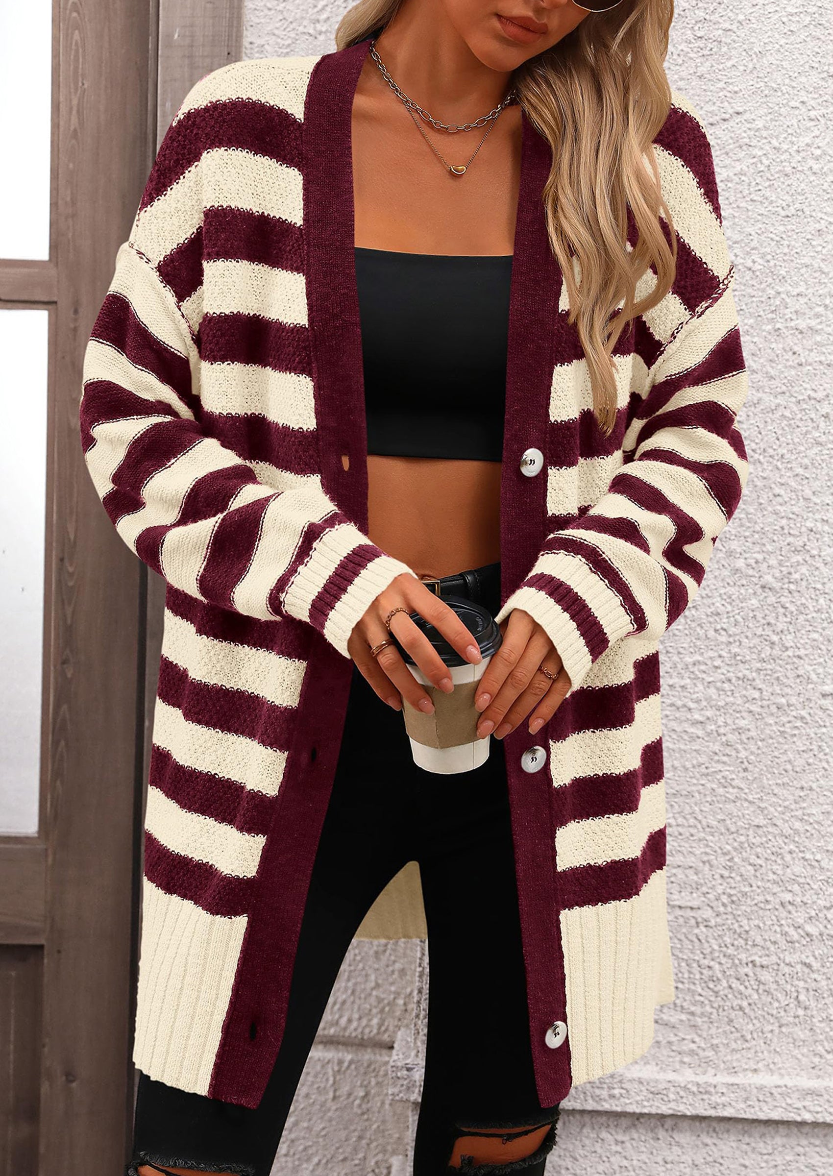 PRETTYGARDEN Women's Winter Striped Cardigan Sweaters Long Sleeve Button Down Open Front Chunky Knit Oversized Sweater Coat