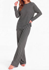 PRETTYGARDEN Womens Striped Lounge Set Fall Winter 2 Piece Sets | Side Slit Long Sleeve T-Shirts & Wide Leg Pants, Matching Pajama Sets, Comfy Pj Set, Loungewear with Pockets, Fashion Clothes