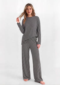 PRETTYGARDEN Womens Striped Lounge Set Fall Winter 2 Piece Sets | Side Slit Long Sleeve T-Shirts & Wide Leg Pants, Matching Pajama Sets, Comfy Pj Set, Loungewear with Pockets, Fashion Clothes