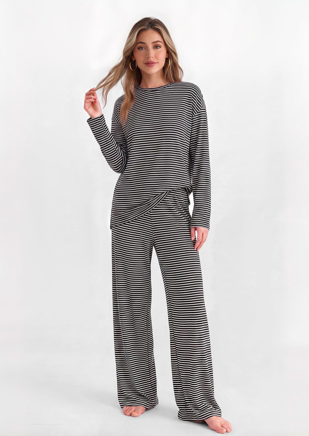 PRETTYGARDEN Womens Striped Lounge Set Fall Winter 2 Piece Sets | Side Slit Long Sleeve T-Shirts & Wide Leg Pants, Matching Pajama Sets, Comfy Pj Set, Loungewear with Pockets, Fashion Clothes