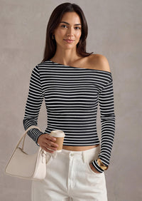 PRETTYGARDEN Womens Tops Fall Off The Shoulder Long Sleeve Shirts Striped Fitted Y2K T-Shirt Going Out Crop Top