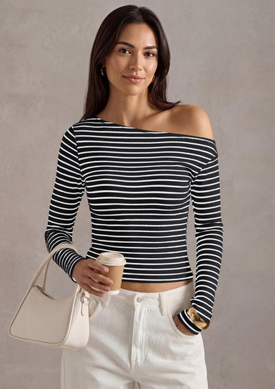 PRETTYGARDEN Womens Tops Fall Off The Shoulder Long Sleeve Shirts Striped Fitted Y2K T-Shirt Going Out Crop Top