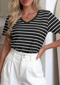 PRETTYGARDEN Short Sleeve Shirts for Women Spring V Neck Cute Tops Casual Striped Shirt Knitted Tees Summer Outfits PRETTYGARDEN