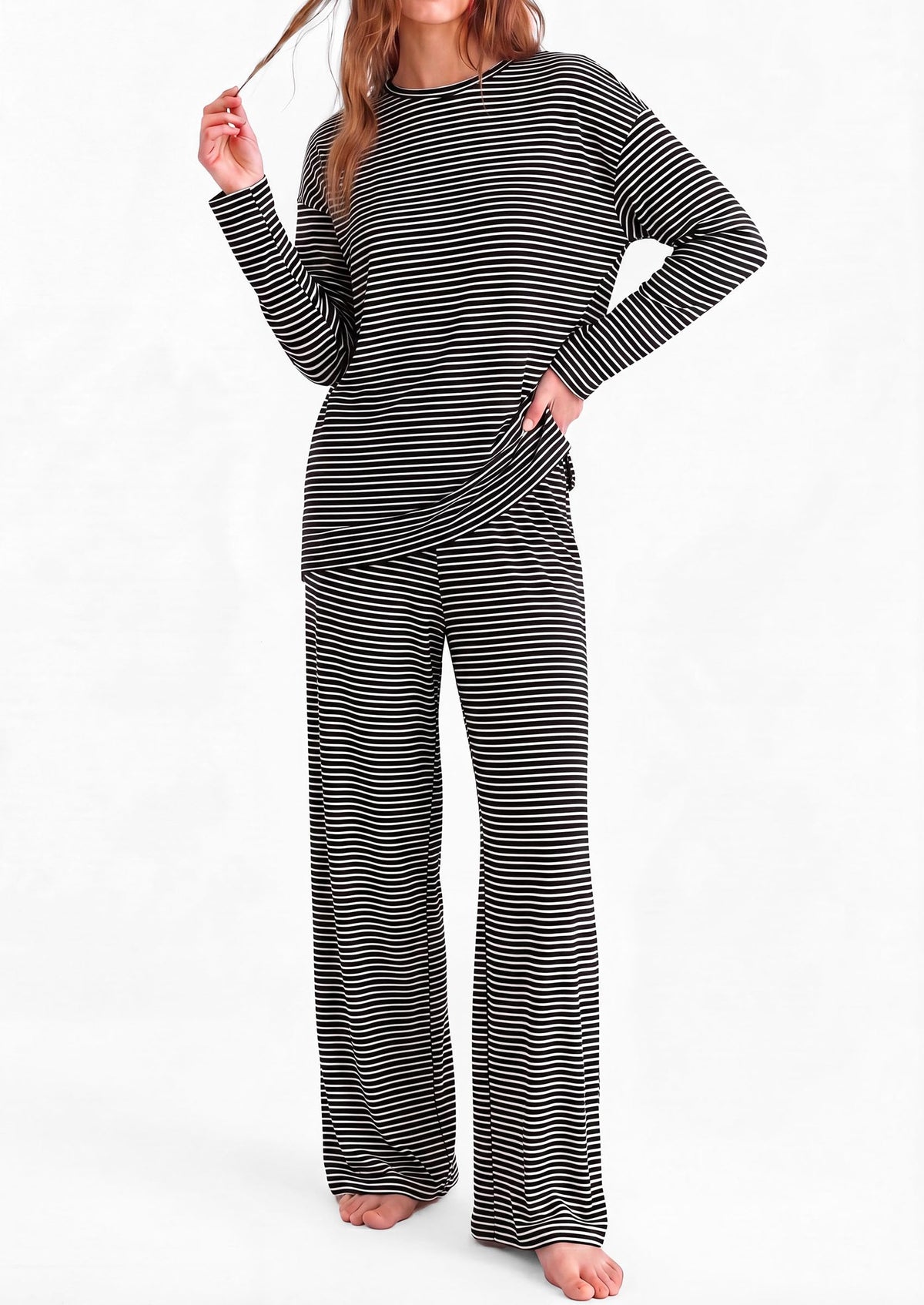 PRETTYGARDEN Womens Striped Lounge Set Fall Winter 2 Piece Sets | Side Slit Long Sleeve T-Shirts & Wide Leg Pants, Matching Pajama Sets, Comfy Pj Set, Loungewear with Pockets, Fashion Clothes
