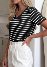 PRETTYGARDEN Short Sleeve Shirts for Women Spring V Neck Cute Tops Casual Striped Shirt Knitted Tees Summer Outfits PRETTYGARDEN