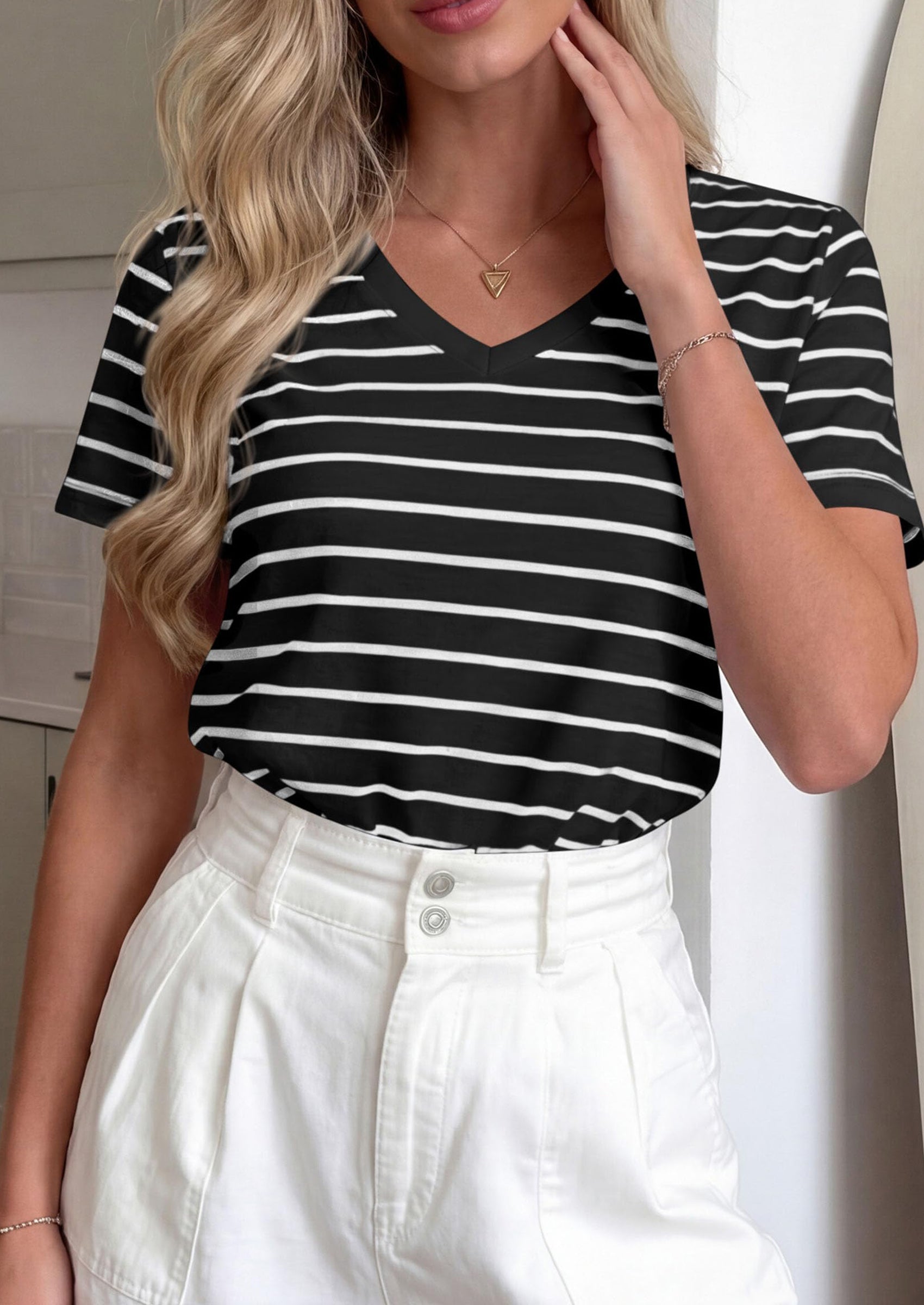PRETTYGARDEN Short Sleeve Shirts for Women Spring V Neck Cute Tops Casual Striped Shirt Knitted Tees Summer Outfits PRETTYGARDEN