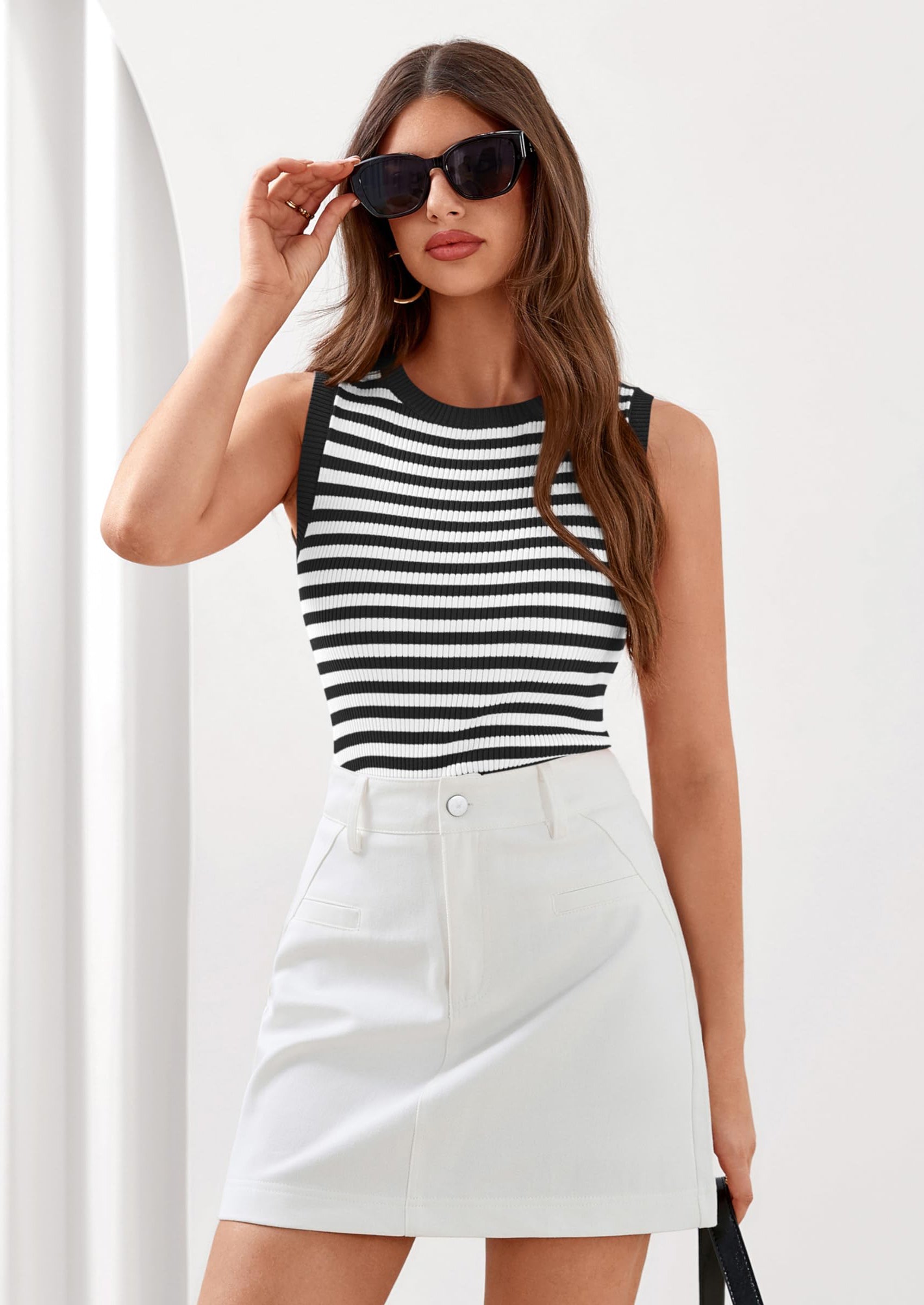 PRETTYGARDEN Summer High Neck Striped Tank Tops for Women Casual Sleeveless Sweaters Basic Ribbed Knit Slim Fitted Shirts PRETTYGARDEN