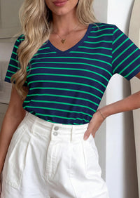 PRETTYGARDEN Short Sleeve Shirts for Women Spring V Neck Cute Tops Casual Striped Shirt Knitted Tees Summer Outfits PRETTYGARDEN