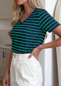 PRETTYGARDEN Short Sleeve Shirts for Women Spring V Neck Cute Tops Casual Striped Shirt Knitted Tees Summer Outfits PRETTYGARDEN