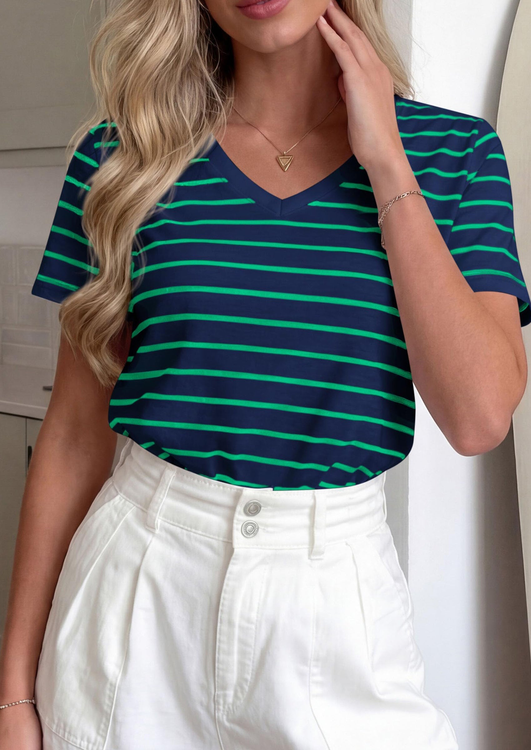 PRETTYGARDEN Short Sleeve Shirts for Women Spring V Neck Cute Tops Casual Striped Shirt Knitted Tees Summer Outfits PRETTYGARDEN