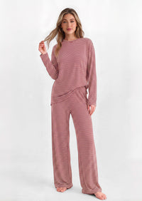PRETTYGARDEN Womens Striped Lounge Set Fall Winter 2 Piece Sets | Side Slit Long Sleeve T-Shirts & Wide Leg Pants, Matching Pajama Sets, Comfy Pj Set, Loungewear with Pockets, Fashion Clothes