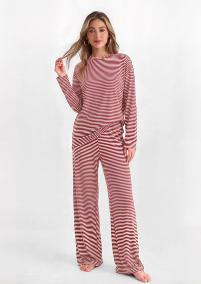 PRETTYGARDEN Womens Striped Lounge Set Fall Winter 2 Piece Sets | Side Slit Long Sleeve T-Shirts & Wide Leg Pants, Matching Pajama Sets, Comfy Pj Set, Loungewear with Pockets, Fashion Clothes