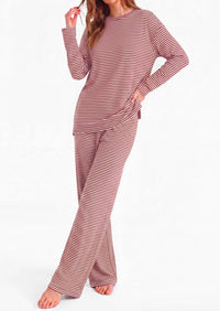 PRETTYGARDEN Womens Striped Lounge Set Fall Winter 2 Piece Sets | Side Slit Long Sleeve T-Shirts & Wide Leg Pants, Matching Pajama Sets, Comfy Pj Set, Loungewear with Pockets, Fashion Clothes