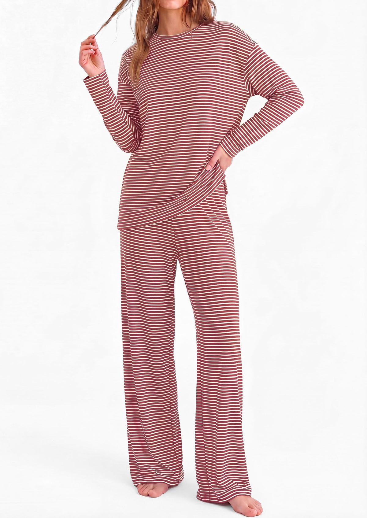 PRETTYGARDEN Womens Striped Lounge Set Fall Winter 2 Piece Sets | Side Slit Long Sleeve T-Shirts & Wide Leg Pants, Matching Pajama Sets, Comfy Pj Set, Loungewear with Pockets, Fashion Clothes