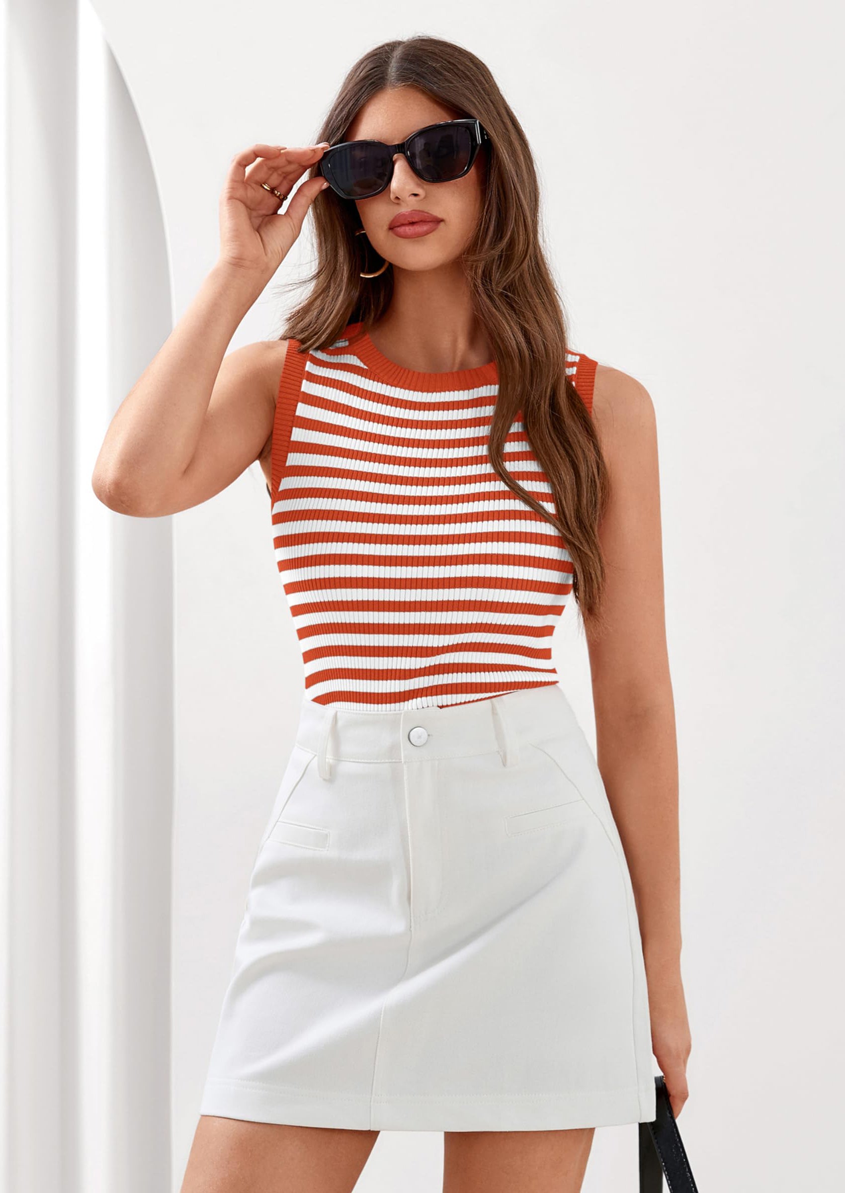 PRETTYGARDEN Summer High Neck Striped Tank Tops for Women Casual Sleeveless Sweaters Basic Ribbed Knit Slim Fitted Shirts PRETTYGARDEN