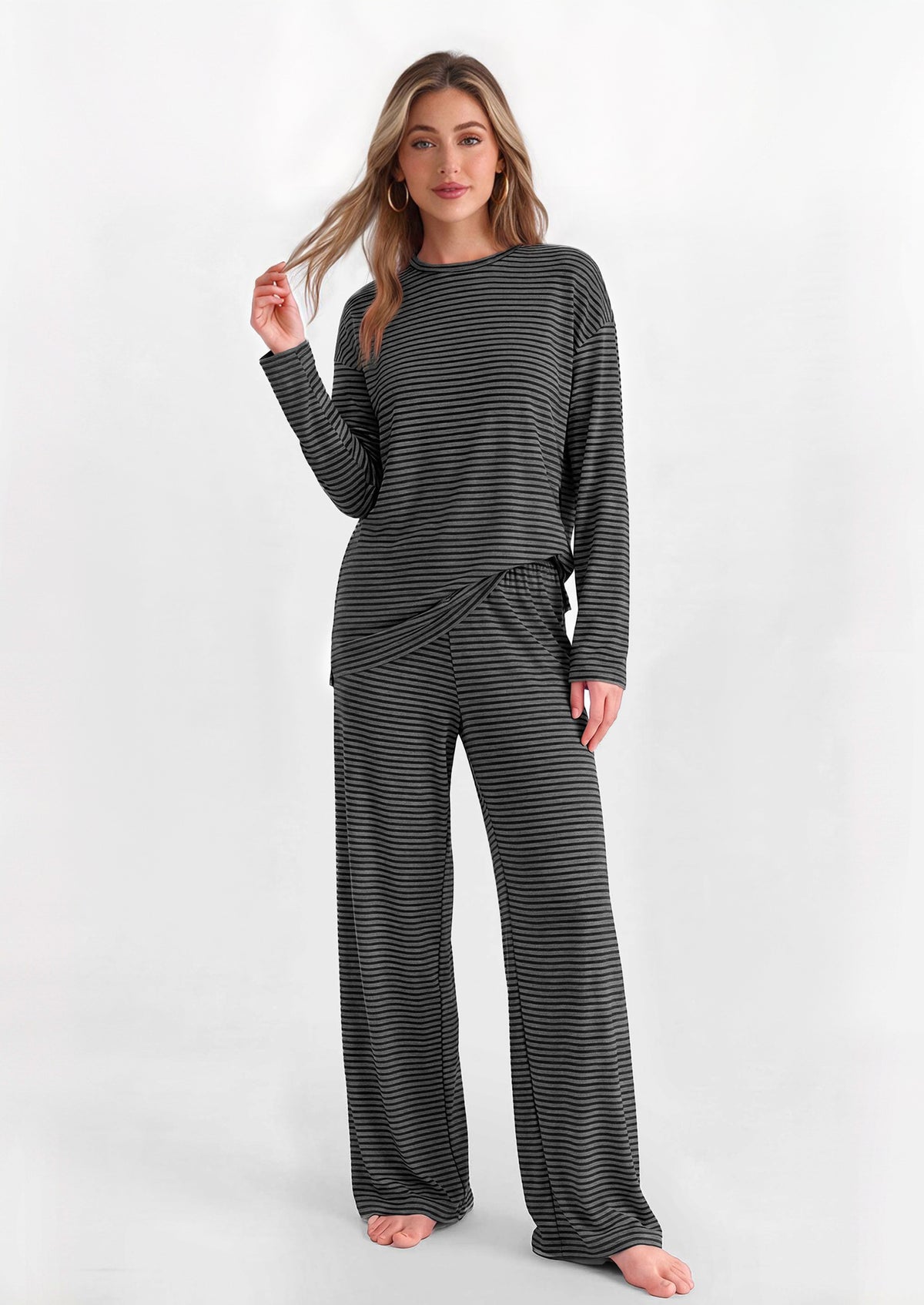 PRETTYGARDEN Womens Striped Lounge Set Fall Winter 2 Piece Sets | Side Slit Long Sleeve T-Shirts & Wide Leg Pants, Matching Pajama Sets, Comfy Pj Set, Loungewear with Pockets, Fashion Clothes