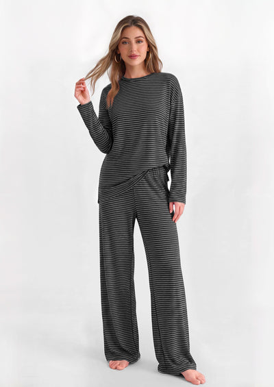 PRETTYGARDEN Womens Striped Lounge Set Fall Winter 2 Piece Sets | Side Slit Long Sleeve T-Shirts & Wide Leg Pants, Matching Pajama Sets, Comfy Pj Set, Loungewear with Pockets, Fashion Clothes