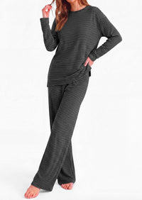 PRETTYGARDEN Womens Striped Lounge Set Fall Winter 2 Piece Sets | Side Slit Long Sleeve T-Shirts & Wide Leg Pants, Matching Pajama Sets, Comfy Pj Set, Loungewear with Pockets, Fashion Clothes