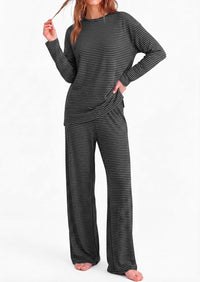 PRETTYGARDEN Womens Striped Lounge Set Fall Winter 2 Piece Sets | Side Slit Long Sleeve T-Shirts & Wide Leg Pants, Matching Pajama Sets, Comfy Pj Set, Loungewear with Pockets, Fashion Clothes