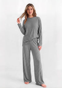 PRETTYGARDEN Womens Striped Lounge Set Fall Winter 2 Piece Sets | Side Slit Long Sleeve T-Shirts & Wide Leg Pants, Matching Pajama Sets, Comfy Pj Set, Loungewear with Pockets, Fashion Clothes