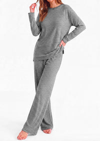 PRETTYGARDEN Womens Striped Lounge Set Fall Winter 2 Piece Sets | Side Slit Long Sleeve T-Shirts & Wide Leg Pants, Matching Pajama Sets, Comfy Pj Set, Loungewear with Pockets, Fashion Clothes