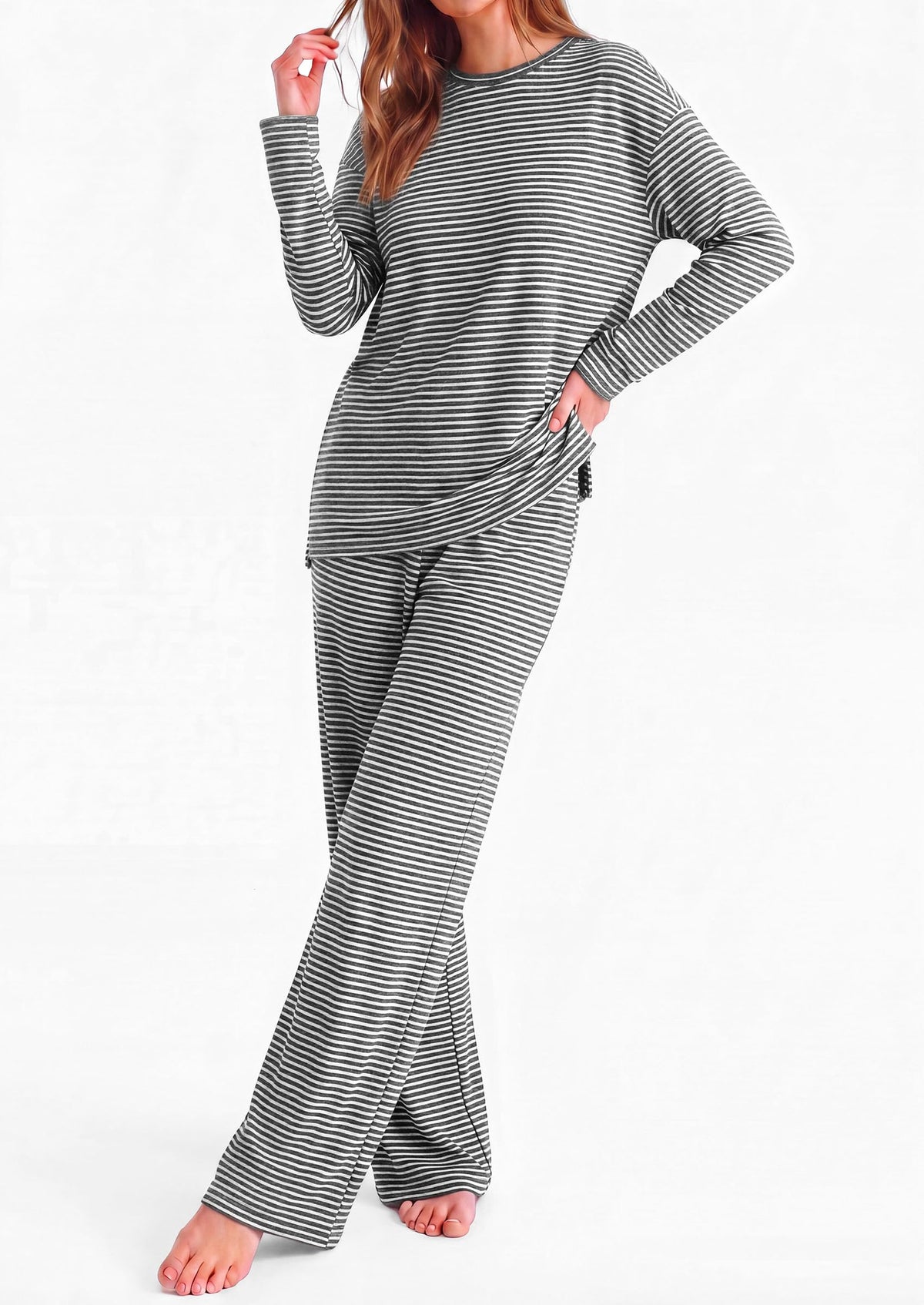 PRETTYGARDEN Womens Striped Lounge Set Fall Winter 2 Piece Sets | Side Slit Long Sleeve T-Shirts & Wide Leg Pants, Matching Pajama Sets, Comfy Pj Set, Loungewear with Pockets, Fashion Clothes