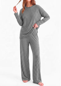 PRETTYGARDEN Womens Striped Lounge Set Fall Winter 2 Piece Sets | Side Slit Long Sleeve T-Shirts & Wide Leg Pants, Matching Pajama Sets, Comfy Pj Set, Loungewear with Pockets, Fashion Clothes