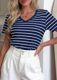 PRETTYGARDEN Short Sleeve Shirts for Women Spring V Neck Cute Tops Casual Striped Shirt Knitted Tees Summer Outfits PRETTYGARDEN