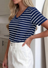 PRETTYGARDEN Short Sleeve Shirts for Women Spring V Neck Cute Tops Casual Striped Shirt Knitted Tees Summer Outfits PRETTYGARDEN